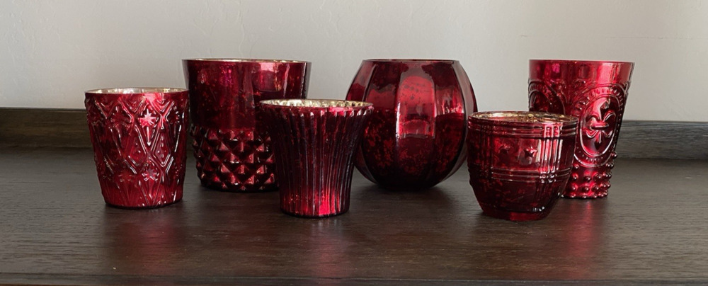 Vintage Set of 6 Red Mercury Glass Coordinating Candle Holders -Golden on Inside